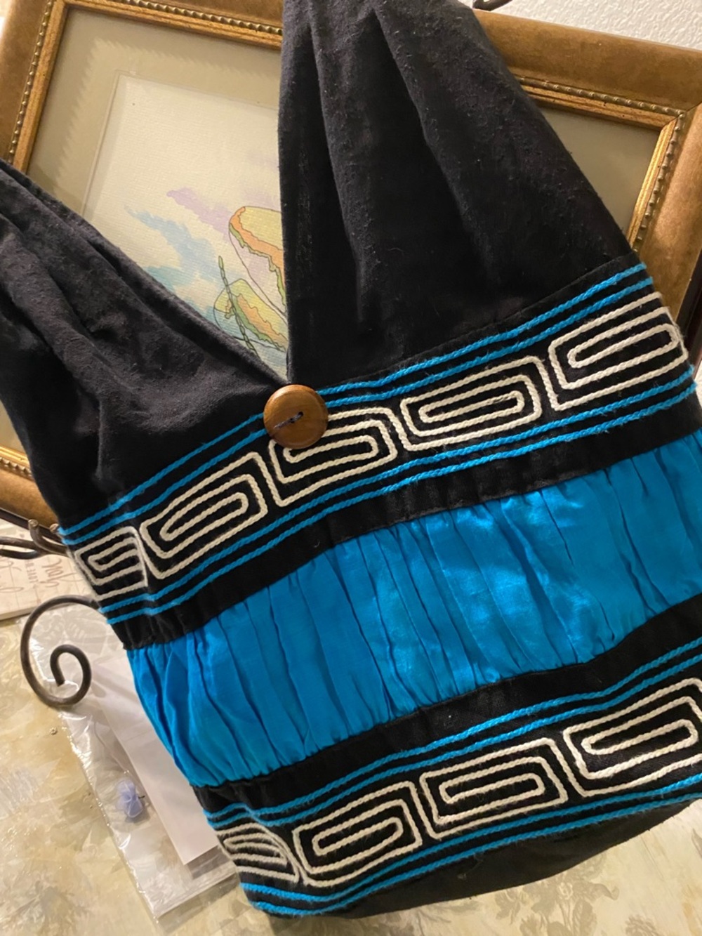 Black and Teal Boho Shoulder Bag with Decorative Trim - Picture 8 of 9